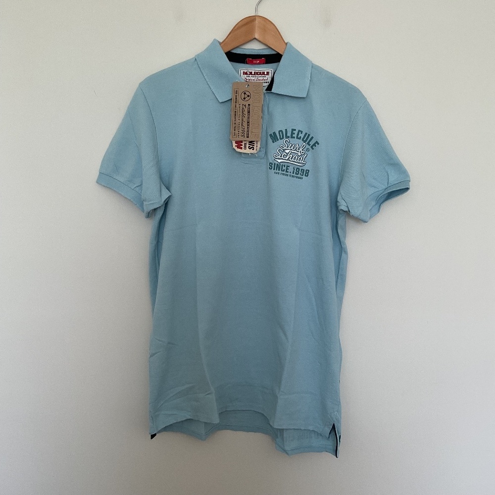 Molecule Cool Fusion Clothings Surf School Polo Shirt Mens L Blue Raw Edge Y2K